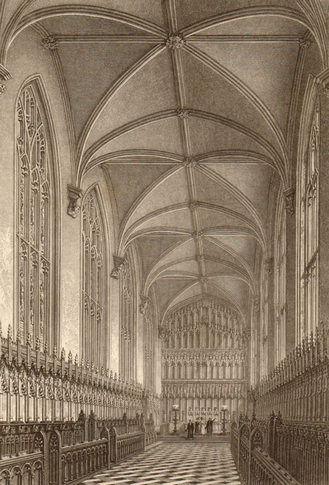 Interior of New College Chapel, Oxford, by John Le Keux 1837 old antique print